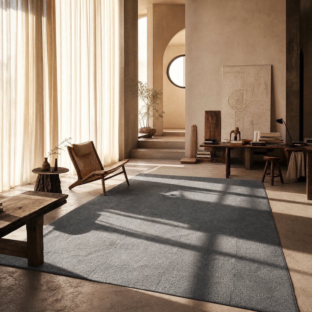 Muratap Japandi Design Wol Vloerkleed Grijs- 190x290 CM