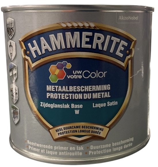 Blik Hammerite Metaallak Zijdeglans W, met hexagon-logo, tekst en diverse symbolen.