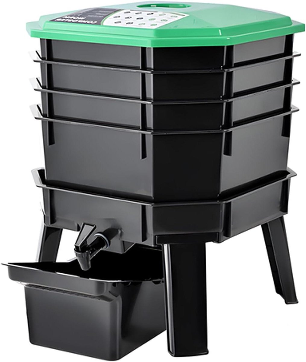 Wormenbak Kit - Voedselafval Recyclen - Compost Maken - Efficiënt Drainsysteem - 4 Lagen - Zwart