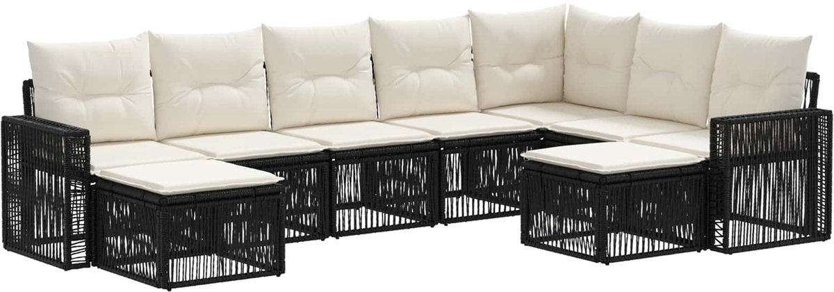 vidaXL - Tuinbank - Set - 9 - pcs - Zwart - en - Crème - Wit - poly - rattan