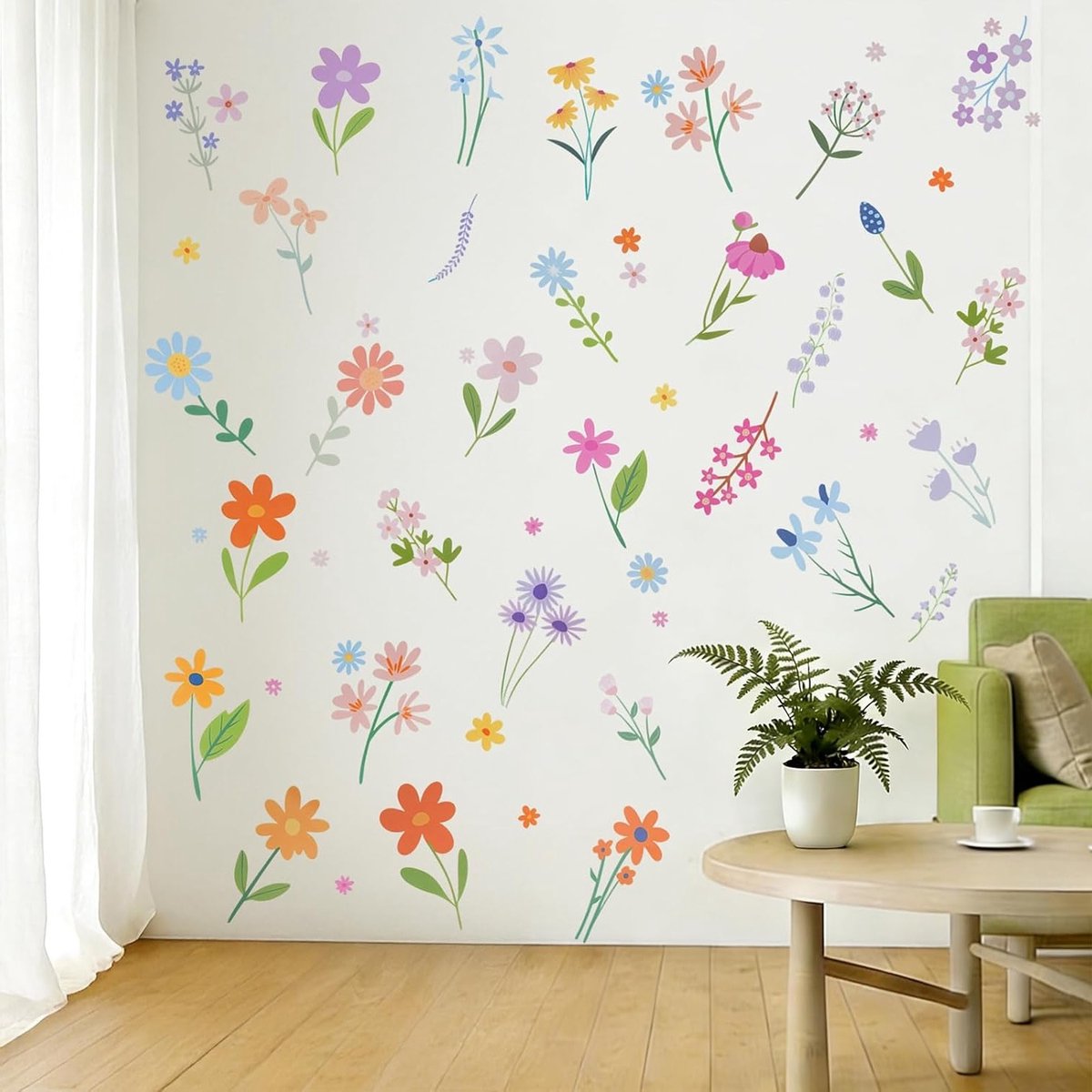 Kleurrijke muurstickers met wilde bloemen voor kinderkamer, doe-het-zelf wanddecoratie, bloementuin en creatieve muurdecoratie