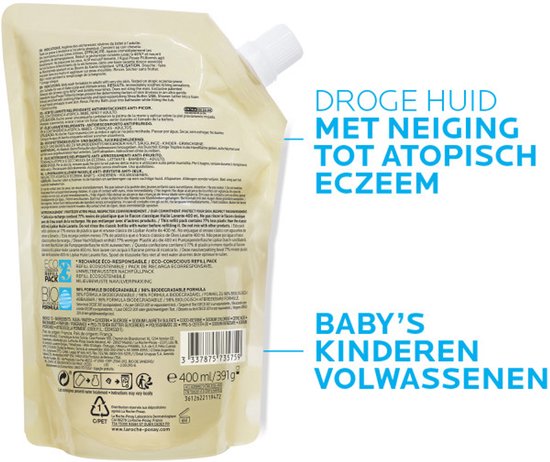 Gele navulzak met witte dop. Tekst "Droge huid met neiging tot atopisch eczeem", "Baby's, kinderen, volwassenen". 400 ml.