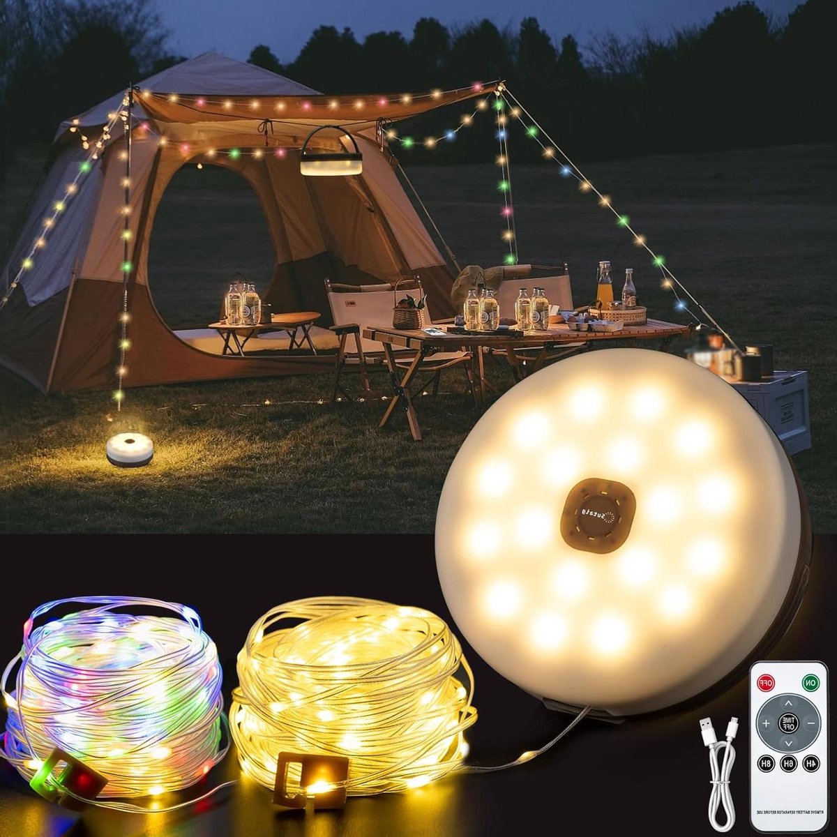 Kampeer Lantaarn - Buitenlamp Snoer - Outdoor Verlichting - 4-in-1 Geïntegreerd - 722 Ft - Warm Wit