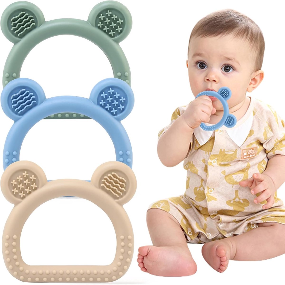 Babybijtring, siliconen bijtspeeltje, geschikt voor baby's van 3-12 maanden; verkoelende bijtring, geschikt voor baby's van 6 maanden, verzacht ongemak tijdens het doorkomen van de tandjes; een geweldig cadeau voor baby's van 3, 12 en 24 maanden.