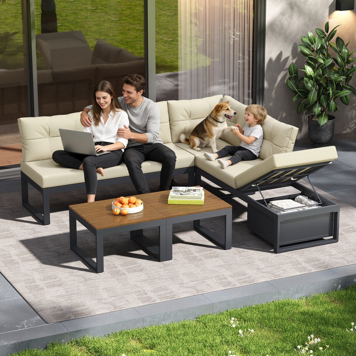 Zubaliya Multifunctioneel Tuinmeubelset - Beige - 3-standige Rugleuning - Opbergruimte - Dikke Kussens