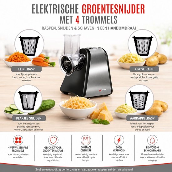 alpina Elektrische Groentesnijder - Mandoline - Hakmolen me 4 RVS Trommelmessen - Mandoline Keukensnijder - Groentesnijder Electrisch - Groentesnijder Multifunctioneel - Groentehakker van Alpina — afbeelding 2