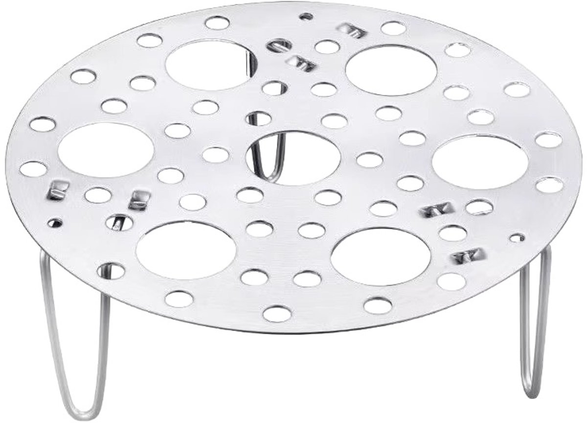 Opvouwbaar stoomrekje van roestvrij staal met veel stoomgaatjes, geschikt voor gebruik in de keuken, stevig en duurzaam, opvouwbaar stoomrekje voor thuisgebruik.