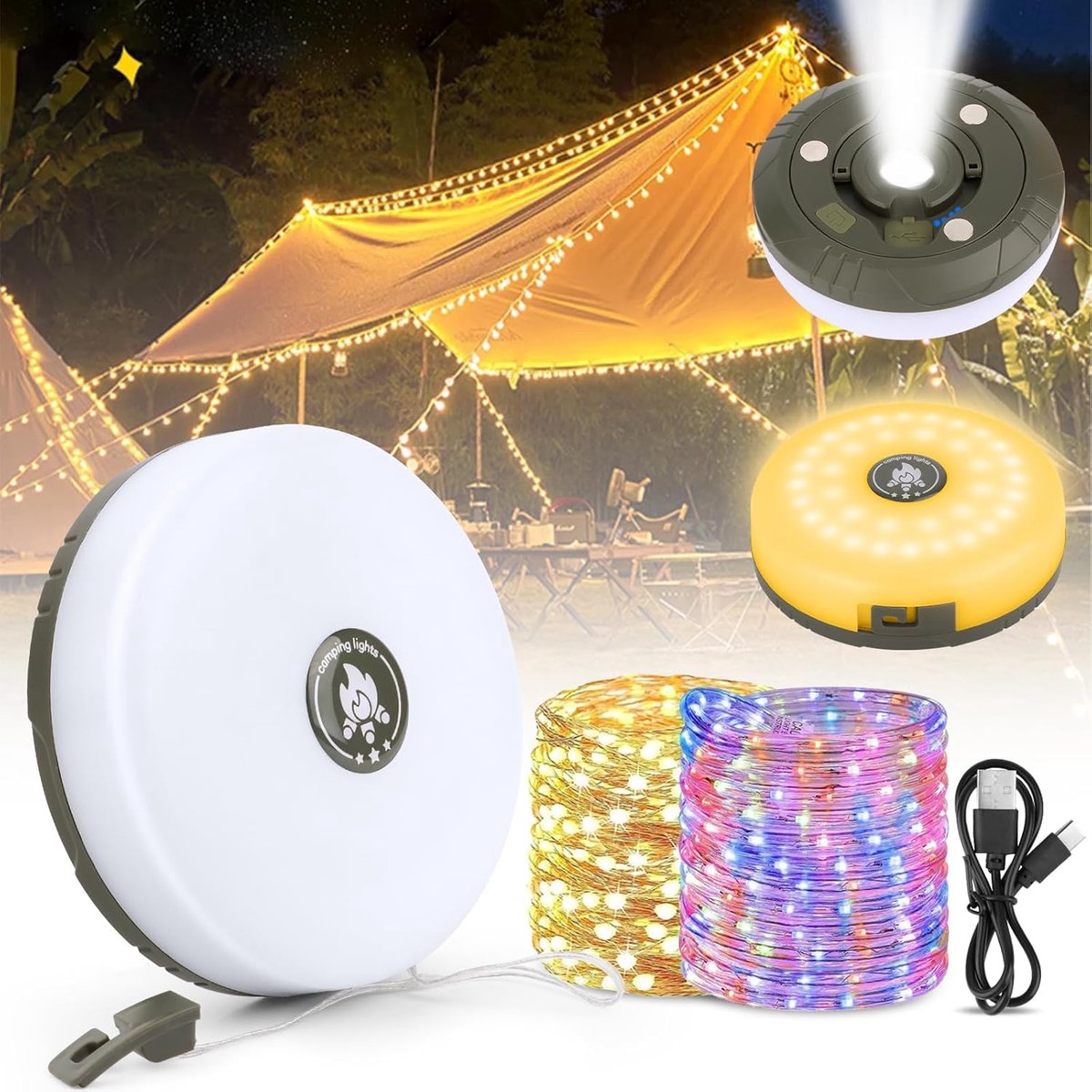 Camping lamp - Zaklamp - Lichtsnoer buiten - Lichtslinger - Kampeerlamp met oplaadbaar - 4in1 - 10m - 7 standen