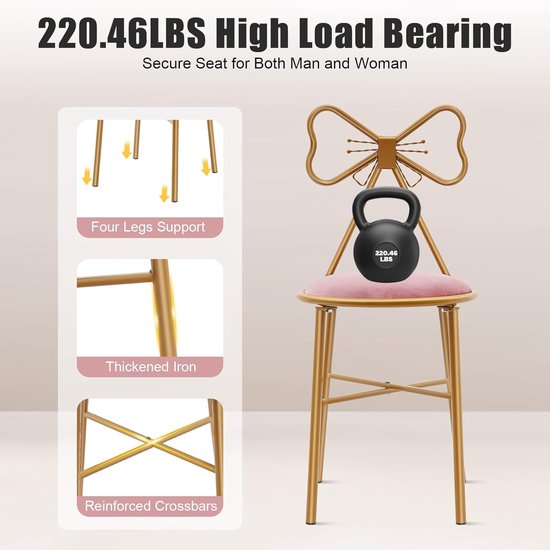 Make-upstoel Fluwelen - Kapstoel Meisjes - Comfortabel Zitten - Stabiele Metalen Frame - 45cm Zithoogte - Donker Roze — afbeelding 3