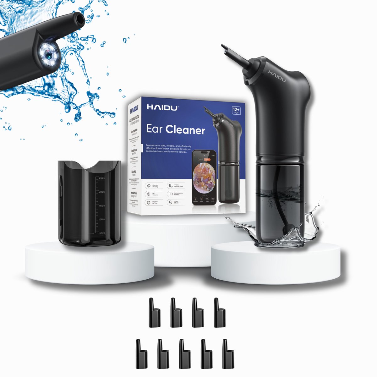 HAIDU Oorreiniger Pro – Oorsmeer verwijderaar set – Ingebouwde Camera en LED – 200ml Waterreservoir – Oplaadbaar – Zwart – Standaard