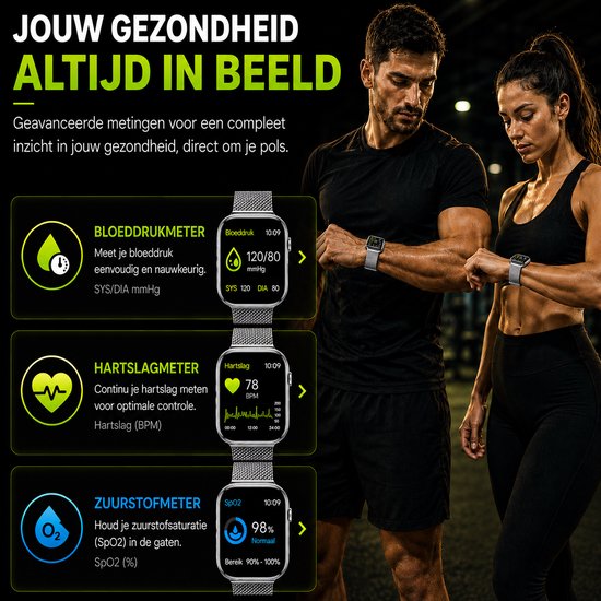 Royal Supplies RF-93 Smartwatch - Smartwatch Heren - Smartwatch Dames - Belfunctie- HD Touchscreen - Horloge - Stappenteller - Bloeddrukmeter - Saturatiemeter - IOS & Android -Screenprotector- Zilver staal