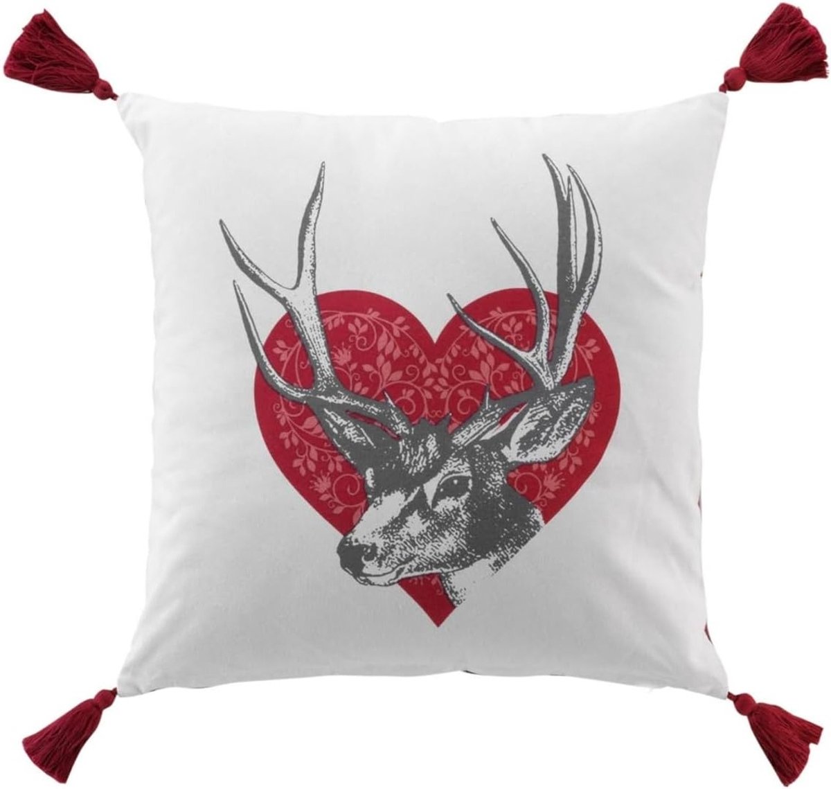 Decoratieve Hart Kussen met Hertenmotief 40 cm Wit Rood Katoen Inclusief Vulling voor Banken en Interieur