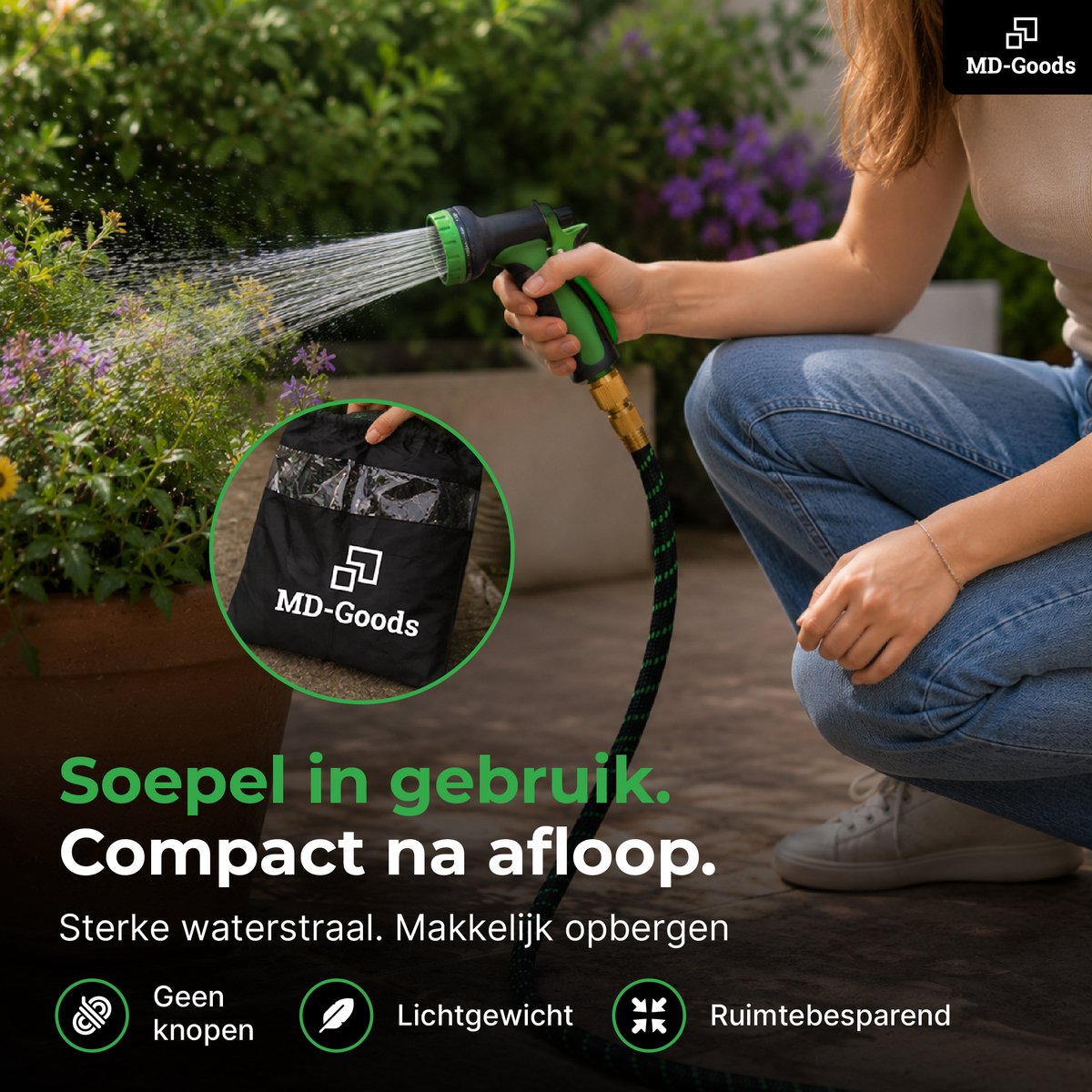 MD-Goods Flexibele Tuinslang tot 30 Meter + Sproeikop, opbergtas en koppelstukken - uitrekbare Waterslang - Zwart/Groen thumbnail 6