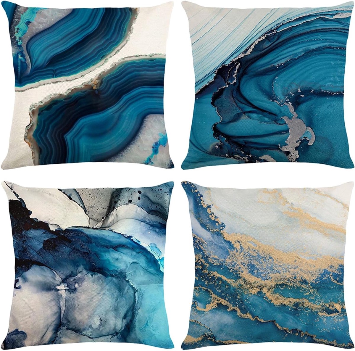 Set van 4 Decoratieve Kussenhoezen 45 x 45 cm voor Sofa, Bed en Tuin - Tie-Dye Blauw, Linnen