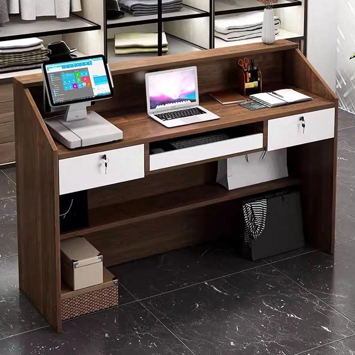 Afsluitbaar bureau - Receptie balie - Professioneel gebruik - Afsluitbare lades - 120 x 38 x 92 cm - Zwarte Wilg