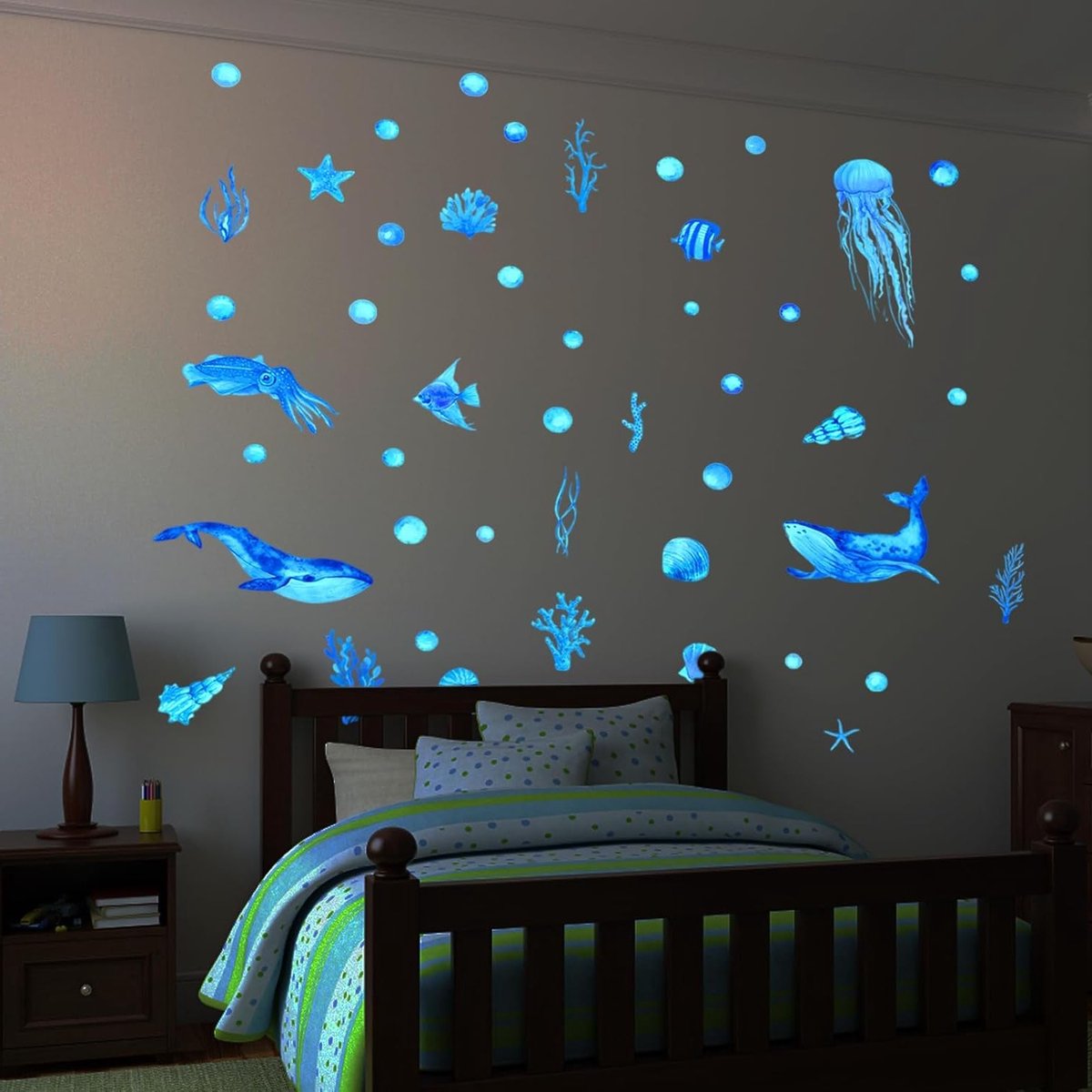 Set van 2 Fluorescerende Muurstickers met Zeeleven - Walvissen en Zeedieren voor Kinderen - Decoratie voor de Kinderkamer met Luminous Effect en Onderwater Thema