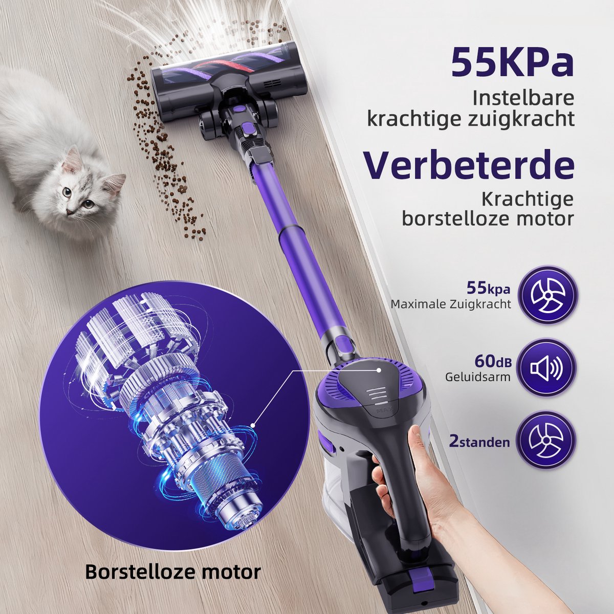 Elekiatech Steelstofzuiger Draadloos - 55000 Pa - 50Min Gebruikstijd - voor Huisdieren - 2,0L - Paars – foto 3
