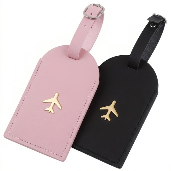 Roze en zwarte bagagelabels, elk met een gouden vliegtuigicoon en een verstelbare riem.
