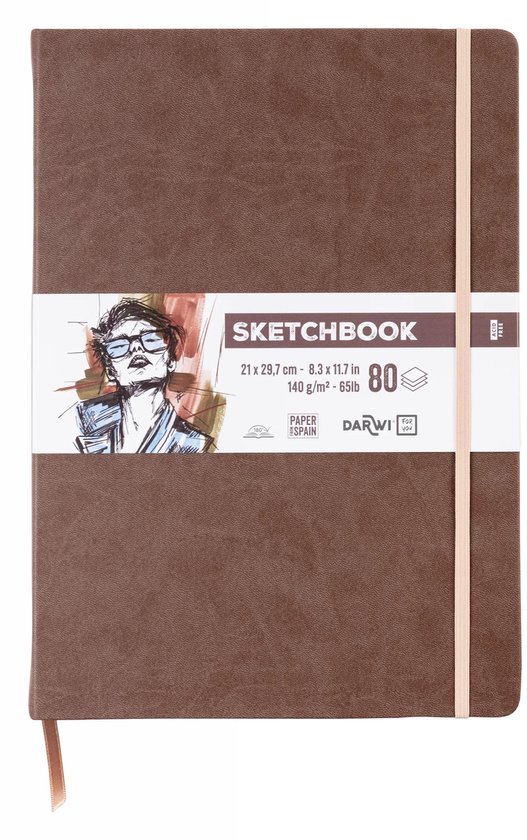 Bruin A4 schetsboek met een omslagafbeelding, een bruin elastisch bandje en een leeslint.