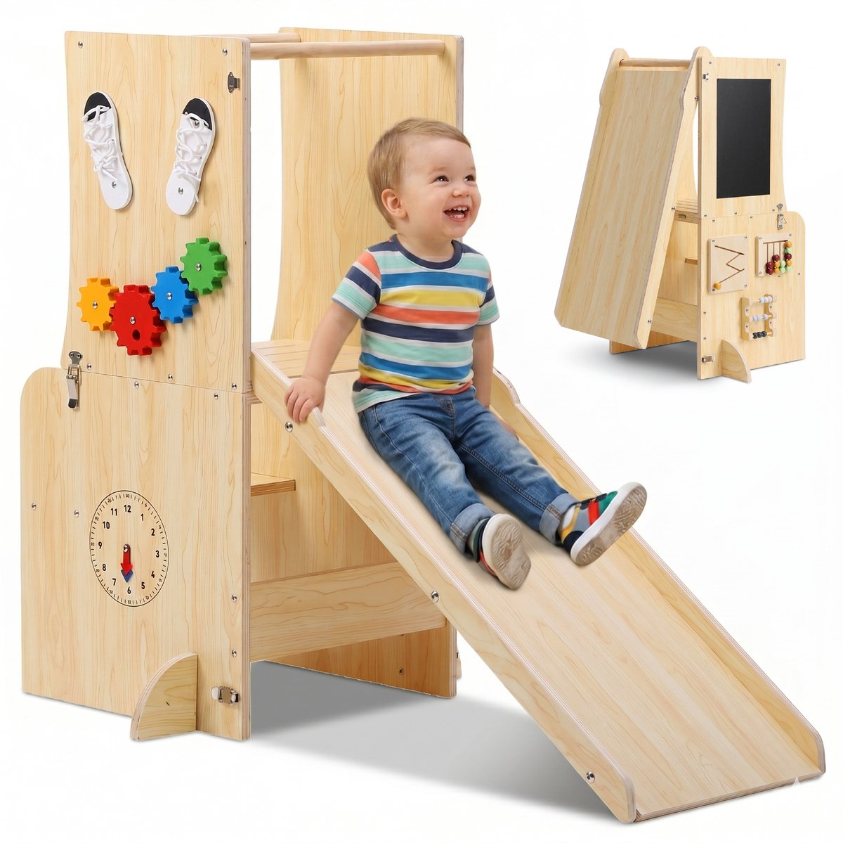 Cavedo® 4-in-1 Leertoren met Glijbaan Peuter - Inklapbaar Kinderbureau met Montessori Spellen - Keukenhulp Opvouwbaar - Opstapje - Houten Kindertafel - Speelgoed vanaf 1 Jaar
