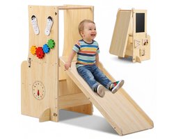 Cavedo® 4-in-1 Leertoren met Glijbaan Peuter - Inklapbaar Kinderbureau met Montessori Spellen - Keukenhulp Opvouwbaar - Opstapje - Houten Kindertafel - Sinterklaas Speelgoed vanaf 1 Jaar