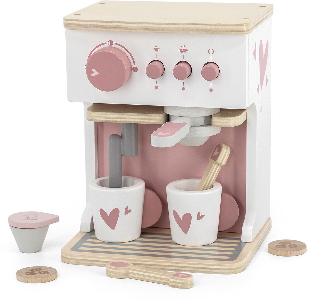 Label Label Houten Espresso Machine - Roze - Houten Keukenspeelgoed - FSC Hout - Inclusief 2 Kopjes Lepeltjes Melkcupje en Koffiepads - Stimuleert Fantasierijk Rollenspel - Vanaf 3 Jaar