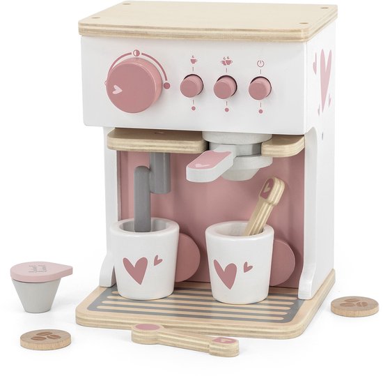 Label Label Houten Espresso Machine - Roze - Houten Keukenspeelgoed - FSC Hout - Inclusief 2 Kopjes Lepeltjes Melkcupje en Koffiepads - Stimuleert Fantasierijk Rollenspel - Vanaf 3 Jaar