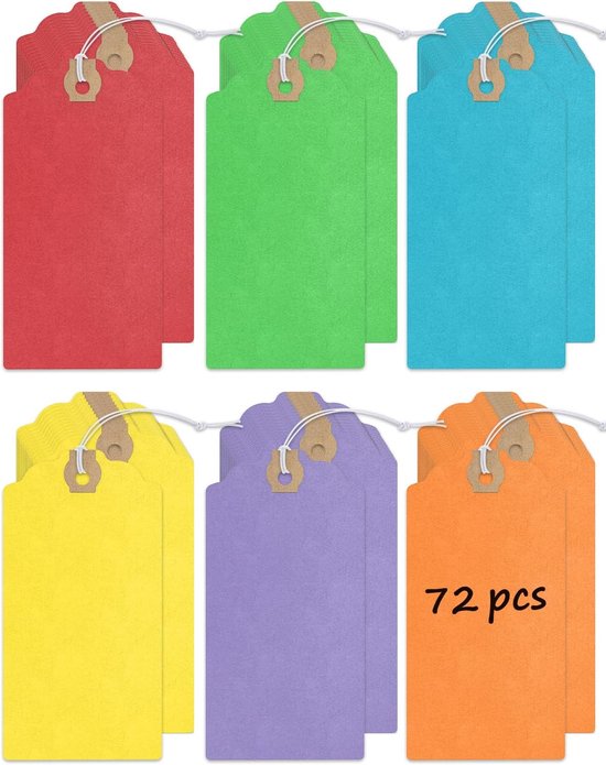 Six piles d'étiquettes colorées : rouge, verte, bleue, jaune, violette et orange. 72 pièces.