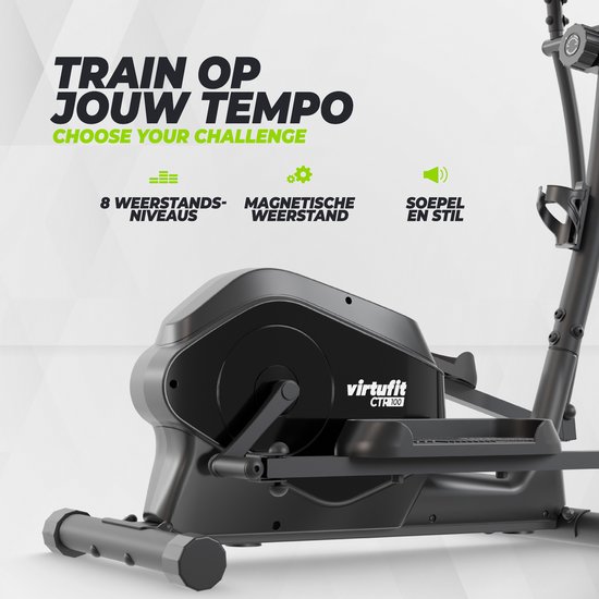 Zwarte crosstrainer met display, 8 weerstandsniveaus en magnetische weerstand voor een soepele en stille training.