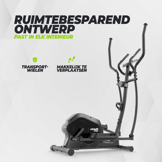 Zwarte crosstrainer met transportwielen, ideaal voor het makkelijk verplaatsen.
