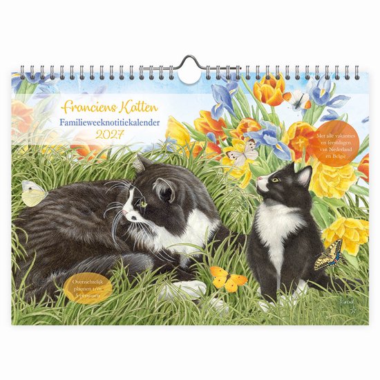 Kalender 'Franciens Katten' 2027 met twee zwart-witte katten in het gras, omringd door vlinders en tulpen. Toont ook de tekst 'Mei alle vakanties en schoolreisjes van Nederland en België'.
