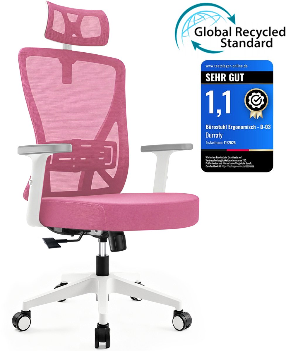 Durrafy® Ergonomische Bureaustoel - Bureaustoel - Office Chair - Bureaustoelen voor Volwassenen met Verstelbare Armleuningen & Hoofdsteun - Verstelbare Lendensteun (±6 cm) - Computerstoel met 90°-135° Kantelbare Rugleuning - Max. 155 kg - roze