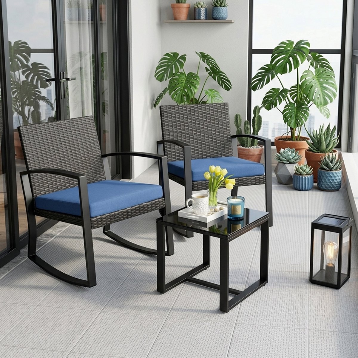 Bealife WR210 Garden Tuinset - 3 Delige Stoel Loungesets - Rieten Patio Set 2 Persoons met Salontafel - Bistroset van Rotan Patio Stoelen voor Balkon, Veranda, Tuin, Zwembadzijde -68x58x73cm -Blauw – foto 6