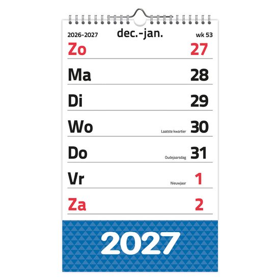 Weekkalender 2027, december-januari. Week 53, 27 december t/m 2 januari.