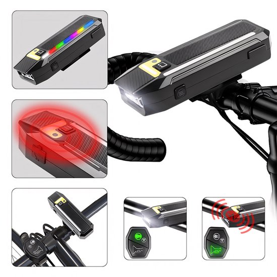 Fietslamp - Fietsverlichting Oplaadbaar - LED Fiets Voorlicht USB-C - Koplamp Fiets met Afstandsbediening - Claxon - RGB Zijverlichting - Lichtsensor - 2400 mAh — afbeelding 3