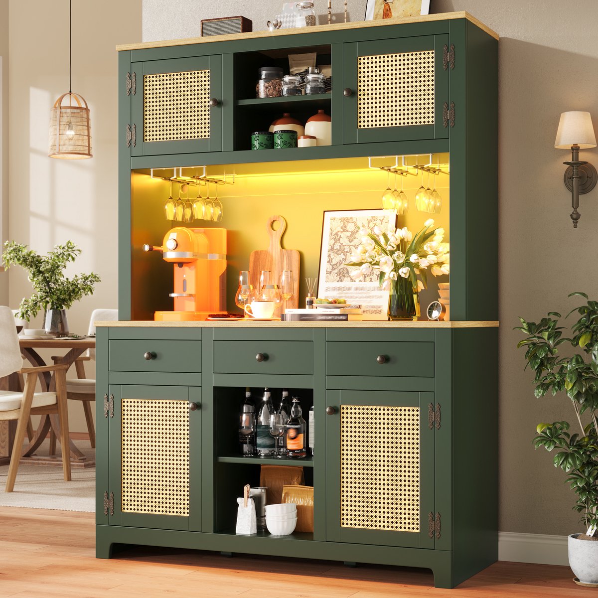 FloraGrace Buffetkast - Multifunctionele Opbergkast Met Verstelbare Planken En Laden - Voor Keuken Woonkamer En Eetkamer - MDF - 120x40x180 Cm - Antiekgroen