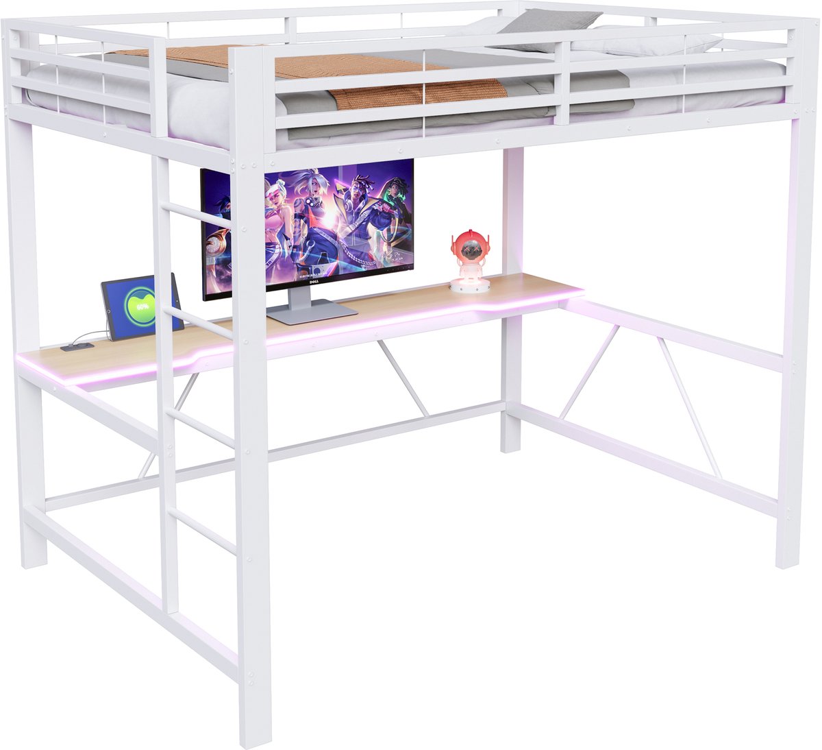140x200 cm hoogslaper met LED-verlichting - USB-oplaadstation en bureau - wit - zonder matras