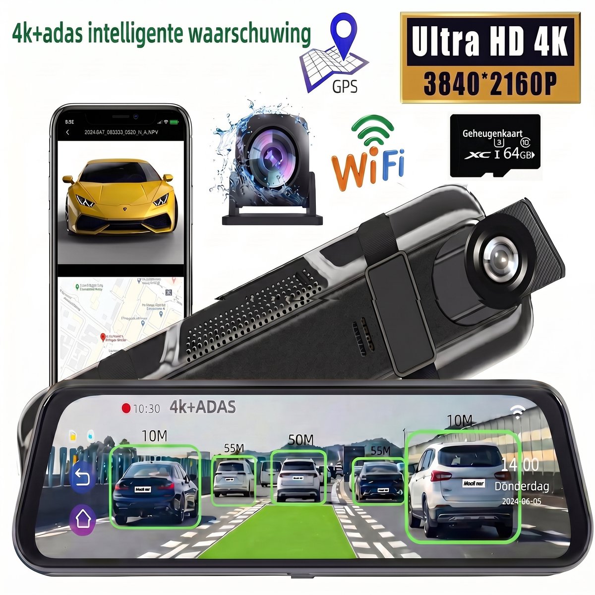 Dashcam Voor Auto - Ultra 4K & 2K - Voor en Achter Camera - Wifi & GPS - 10 Inch met App - ADAS - Dashcams - Nachtzicht - G-Sensor - Met Parkeerbewaking - Incl. 64GB SD-Kaart