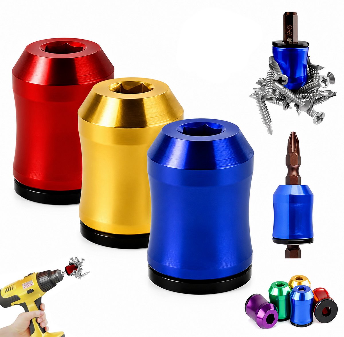 Magnetische Bithouder - 3 Stuks - Voor Boormachine & Schroefmachine - Gereedschapskop Magnetiseerder - Universele Bit Adapter - Bit Houder Voor Zeskantbits en Machinebits - Schroefhouder van Legering voor Doe-Het-Zelf en Reparaties - SOLLBRY®