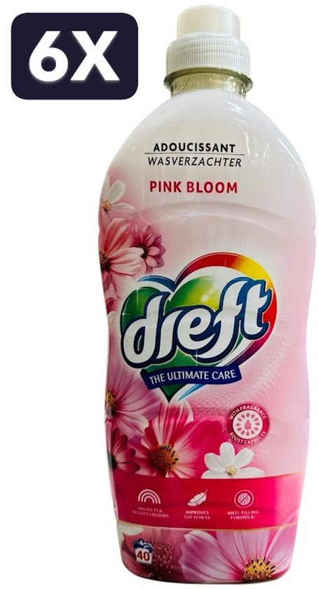 6X Adoucissant Dreft Pink Bloom, avec imprimé floral rose et logo "dreft THE ULTIMATE CARE".