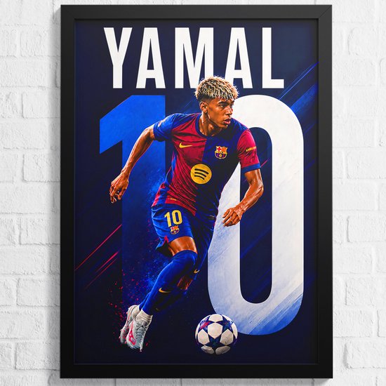 Lamine Yamal en tenue rouge et bleu numéro 10, driblant avec un ballon. Affiche encadrée avec le nom 'YAMAL' et le chiffre '10'.