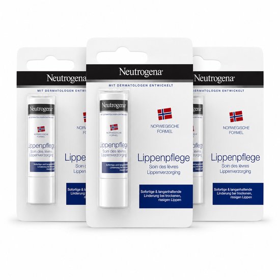 Verpakking met drie Neutrogena lippenbalsems.