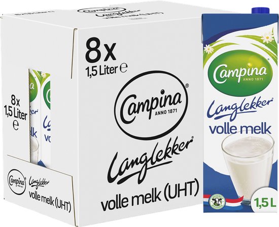 Campina Langlekker – Volle Melk – Houdbaar – 8 x 1,5 L – Voordeelverpakking