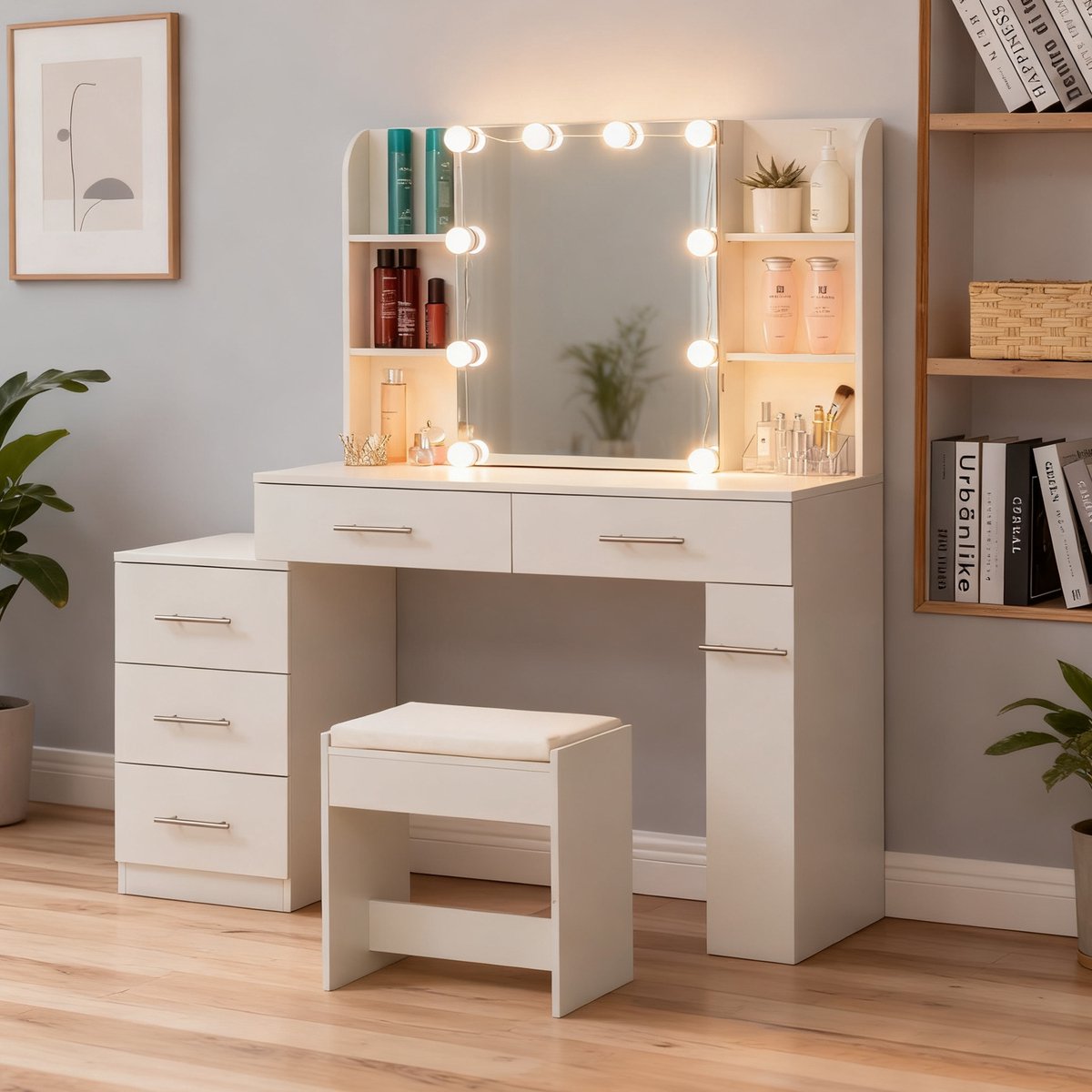HAUSS SPOLE Kaptafel - Met Schuifspiegel, Verborgen Opbergruimte En Ledverlichting - Voor Slaapkamer - MDF - Wit
