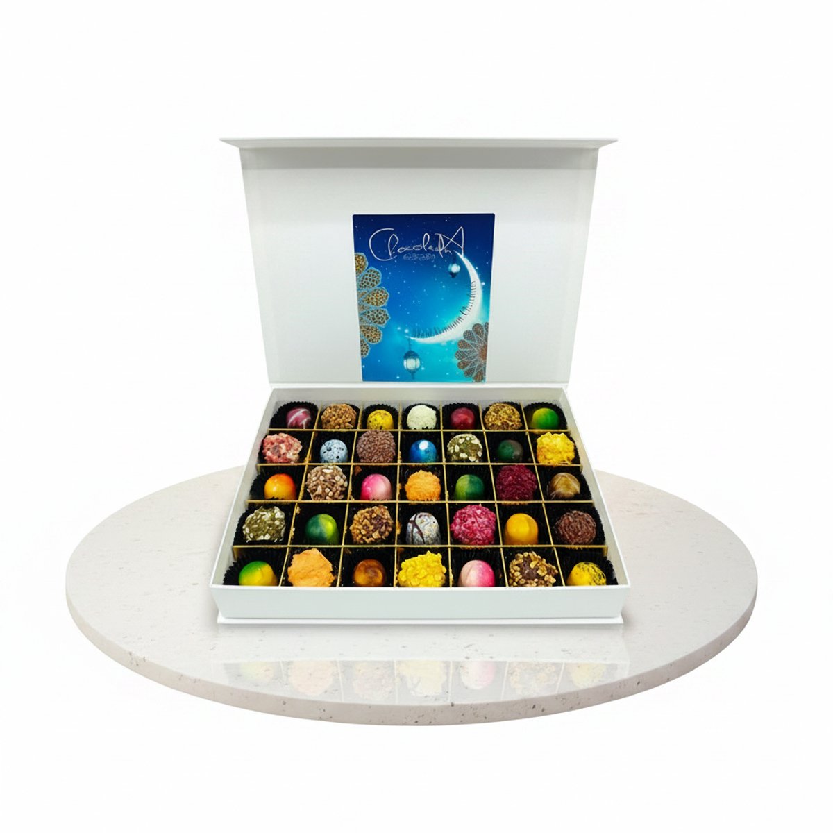 Chocoseum en Chocoladna Luxe chocolade cadeau Halal box Groot 35 stuks -Tuffels_Bonbons_Luxe bonbons_Geschenkdoos chocolade_Vegan chocolade_Pralines_Verjaardag_Moederdag_Vaderdag_Valentijn Bedankt_Vegatarisch_Suikerfeest_Ramadan_Eid Mubarak