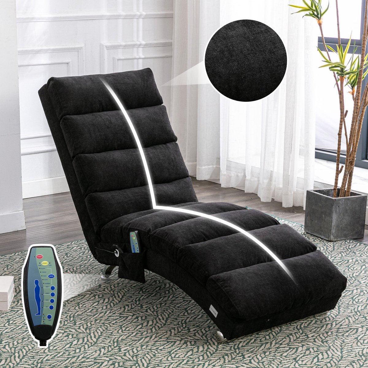 HAUSS SPOLE Sofa - Massageligbank Chaise Longue - Ergonomische Ligstoel 140° Met Trillingsfunctie & Zijvak - 1-Persoons - Zetel - Voor Woonkamer En Kantoor - Linnen Zwart