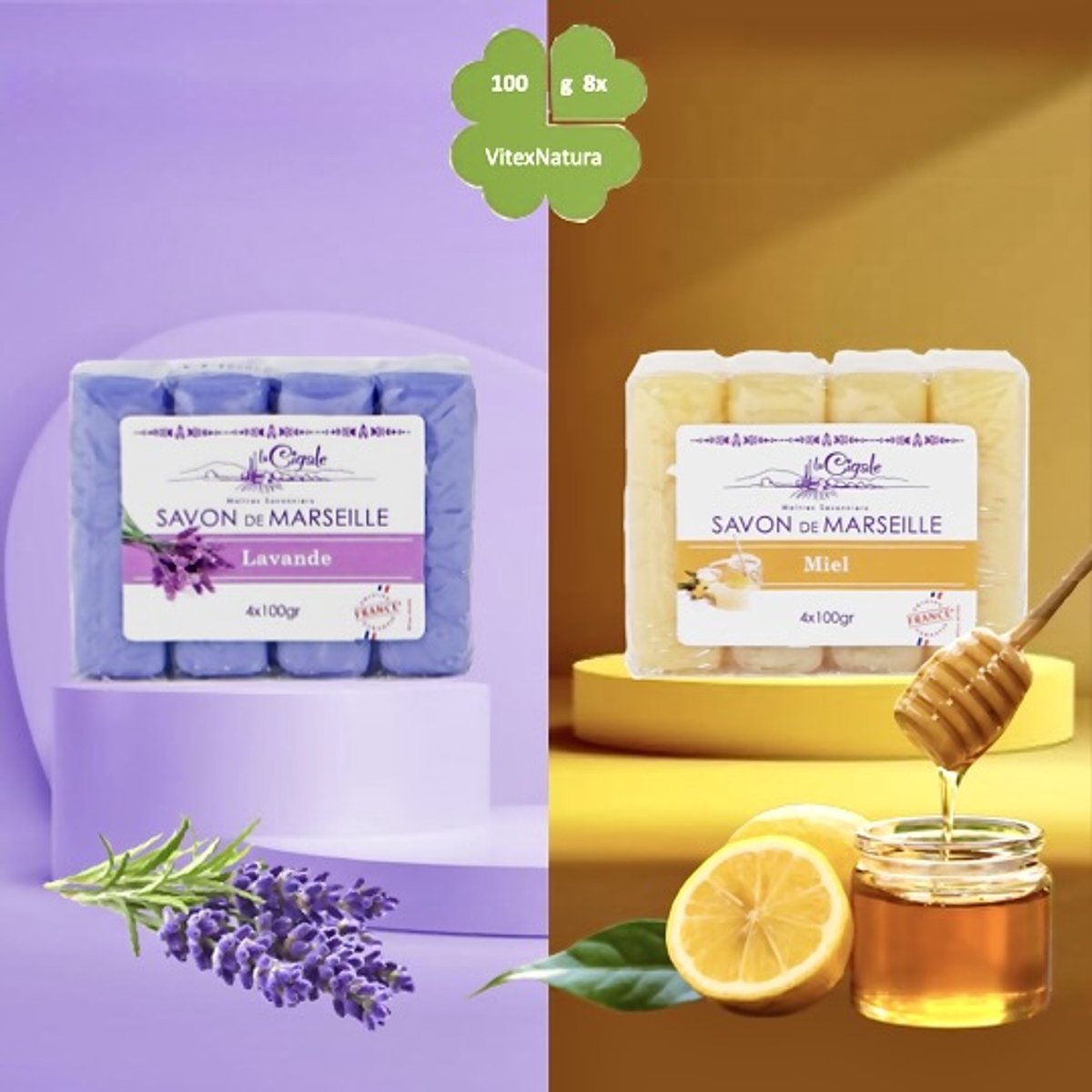 Marseille zeep glycerine lavendel zeep 4x100g, glycerine honing zeep 4x100g.