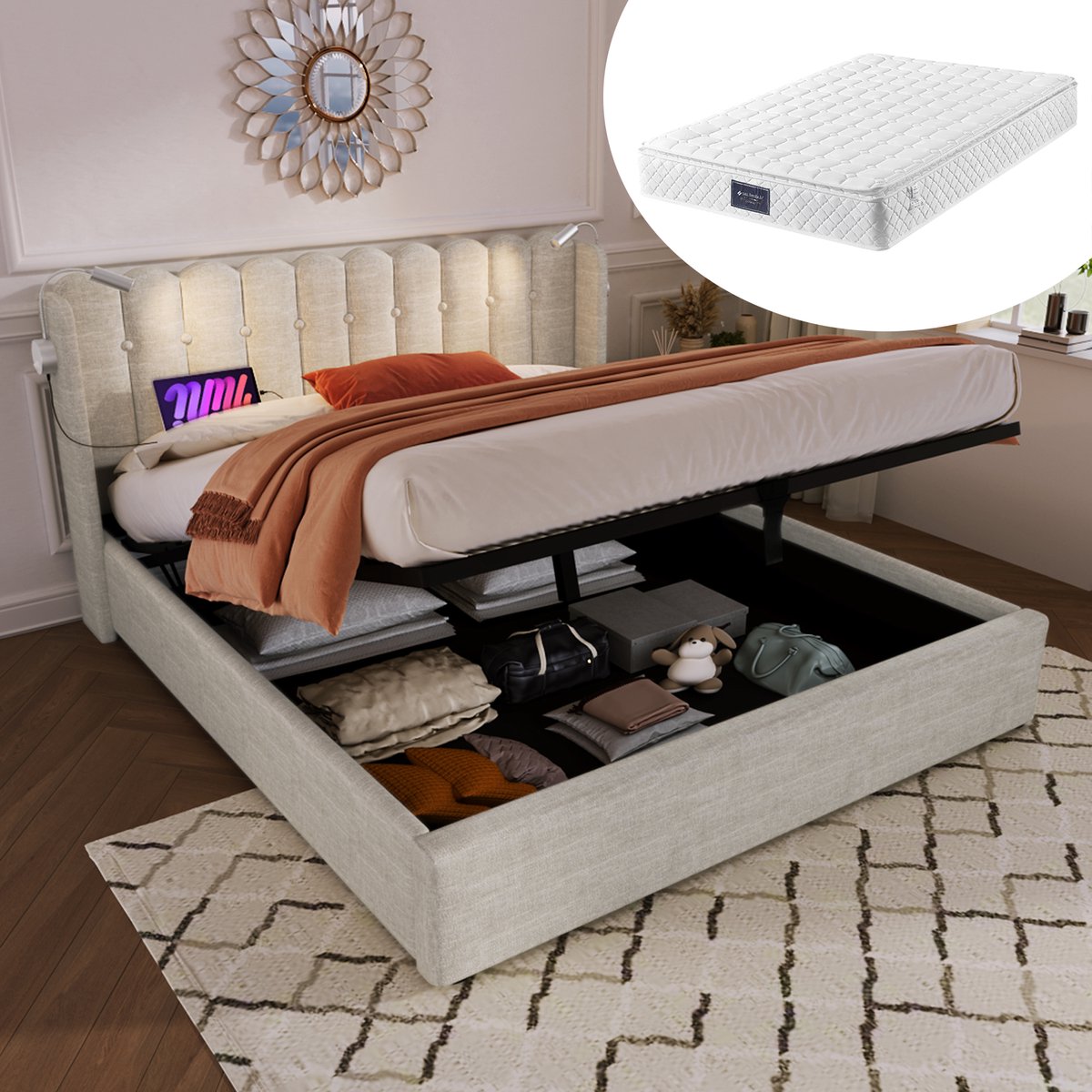 HAUSS SPOLE Gestoffeerd Bed 140x200 cm - Tweepersoonsbed Met Leeslamp En USB - Met Opbergruimte - Met Matras - Linnen - Beige