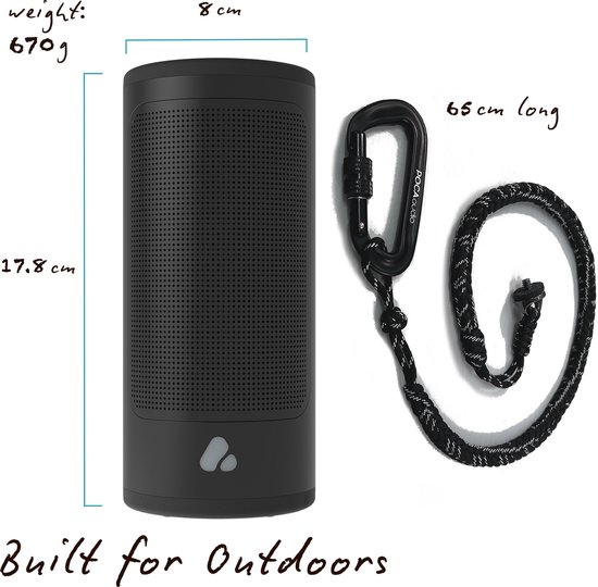 Draagbare Bluetooth speaker POCA PINE Beat – waterdicht IP67, 30 uur batterij, verwisselbare accu, outdoor speaker zwart