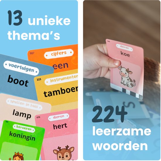 Collage van kleurrijke kaarten met thema's als 'cijfers', 'voertuigen', 'instrumenten', 'dieren'. Rechts een hand die een kaart met een koe vasthoudt.